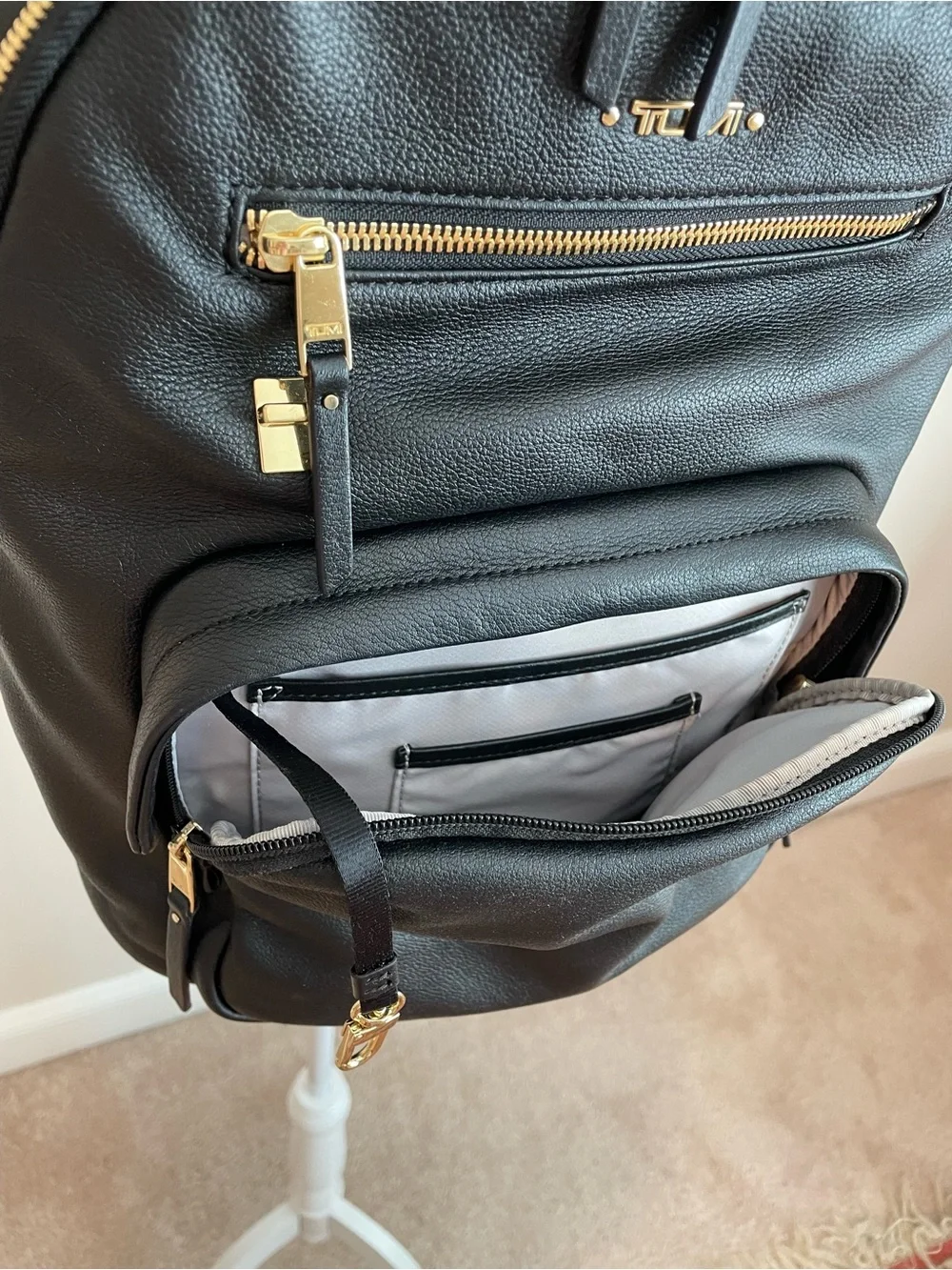 Tumi Black Leather Backpack with Goldtone Hardware
